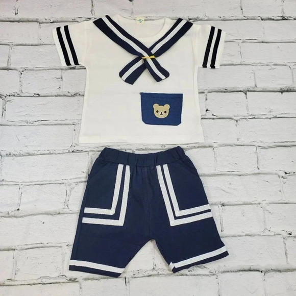 Blue Mini Sailor Set Baby Boys 2 pcs Outfit. T-Shirt and Shorts Baby Boys Set. - Picture 3 of 12